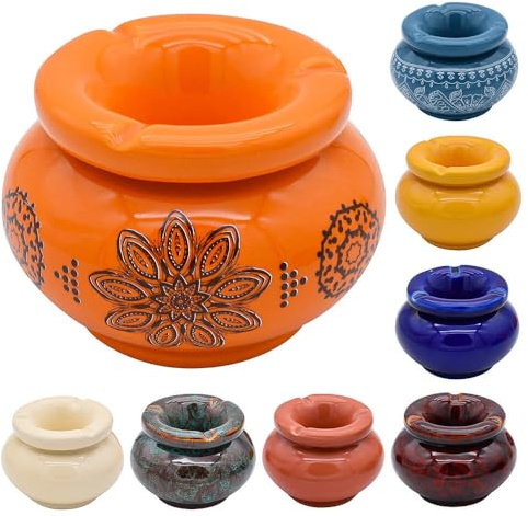 Murago - Aschenbecher Keramik Moroccan - Orange mit Muster - für draussen mit Deckel Outdoor rund Tischaschenbecher Garten Balkon Ascher Windaschenbecher