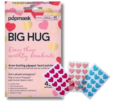 Popmask Big Hug Hydrocolloid Pimple Patches Infused with Salicylic Acid to Treat Pimples & Tea Tree Oil to Soothe and Calm the Skin, 45 Coloured Heart Shaped Patches