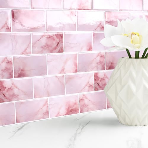 Livelynine Piastrelle Adesive Bagno Rosa Finto Marmo Paraschizzi Cucina Adesivo 3D 30x30 32 Pezzi Adesivi per Piastrelle Bagno Rosa Bianco Lavabile Adesivi per Piastrelles Cucina Camino Effetto Marmo