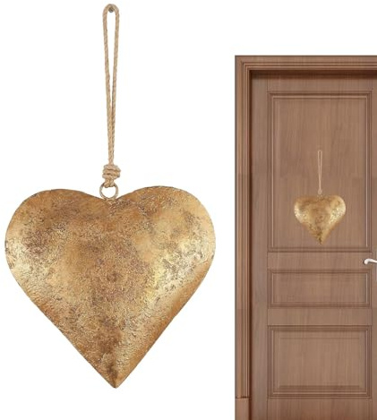 Wanddeko Herz - Eisenherz Ornament mit antikem Gold-Finish mit Glocke | Wandkunst Vintage Herz Dekoseil zum Aufhängen im Innen- und Außenbereich