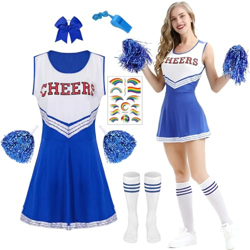 LXWINNER Cheerleader Kostüm, Cheerleader Kostüm Damen für Erwachsene, Cheerleadering Outfit mit Kleid, Pompoms,Pfeift und Socken, High School Cheerleaders Kostüms für Halloween Verkleidung Karneval