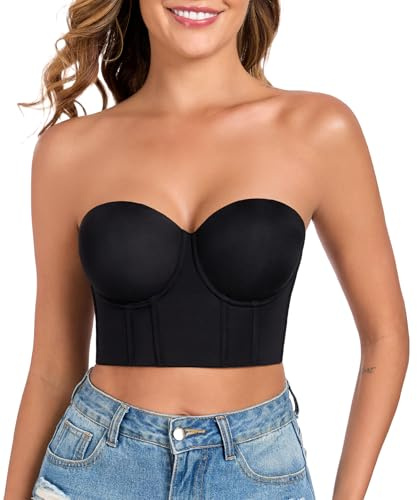 Lemorosy Damen BH Ohne Träger Große Größen Push Up mit Bügel Shapewear BH Trägerlos Starker Halt Geeignet für Alltag Dating Dinner Party (Schwarz,75E)
