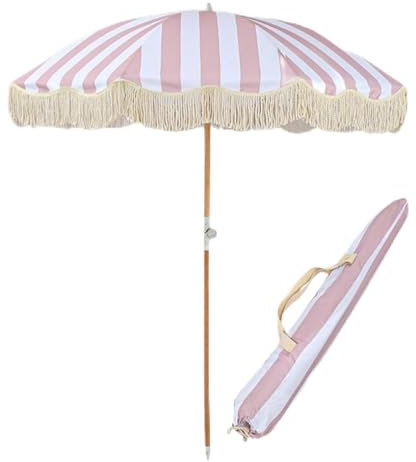 Parasol de Jardin d'extérieur, Parasol de Plage avec Franges, Parasol à Pompon Vintage avec Poteau en Acier de qualité supérieure et Baleines, Bouton-Poussoir inclinable, idéal pour Jardin,