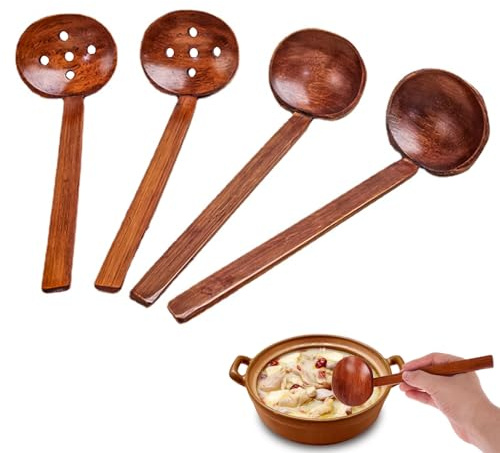 Juego de 4 cucharas de sopa chinas con mango largo, cuchara ranurada de madera, 8.4 pulgadas, cuchara de sopa de madera ramen marrón oscuro, café, postres de ensalada, papas fritas, aperitivos