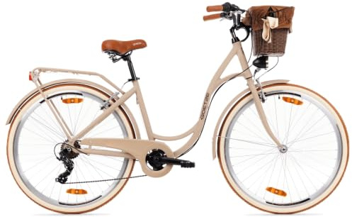 Goetze Mood Alu Damenrad 28 Zoll, 7-Gang mit Korb | Aluminiumrahmen, Tiefeinstieg, Shimano-Antrieb, V-Brakes, LED-Beleuchtung, Reflektoren, Gepäckträger, Korb