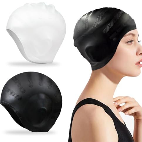 Cuffia da Nuoto per la Protezione delle Orecchie 3D,2 Pezzi Cuffia Nuoto Silicone Impermeabile,Cuffia Piscina Nuoto Silicone per Donne, Uomini, Adulti e Bambini Accessori Nuoto(Nero, Bianco)
