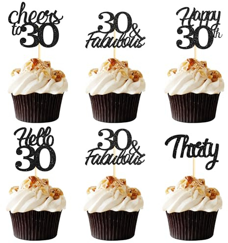 Sotpot 30 Pack 30th Birthday Cupcake Toppers Hello 30 Cheers to 30 Years Cupcake Picks for 30th Birthday Anniversary Party Cake Decorations Black Glitter