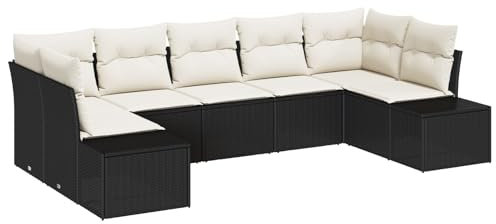vidaXL Gartensofa-Set mit Speicher 7 pcs Schwarz und Creme Poly Rattan, Garten und Terrasse, Moderne modulare Möbel, Robustes UV-beständiges Rattan-Sofa, Lounge-Set für draußen
