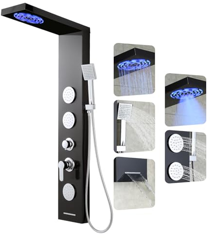 ROVOGO Shower Panel Tower System with Led Lights, 2-Mode Shower Head, 3 Body Jets, Handheld and Tub Spout, 46.5H x 7.8W Stainless Steel Shower Column with Mixer Valve, Black