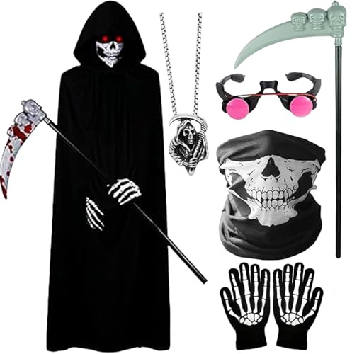 DAJASD Costume da mietitore triste per bambini, set di 6 pezzi con veste nera, falce in plastica, occhiali e guanti rossi luminosi, collana, set di costumi da mietitore per bambini, per feste di
