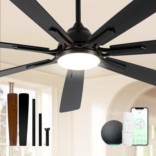Ecozento 72 Inch Outdoor Ceiling Fans with Lights,Smart Ceiling Fan with Alexa APP Remote Control and 7 Black Blades,6 Speed,Dimmable,Slient DC Motor Large Indoor fan for Living Room,Bedroom