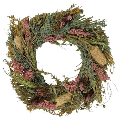 Getrockneter Blumenkranz 24 cm Durchmesser Natürliche Blumen und Gräser Plastikfrei (hellgrün)