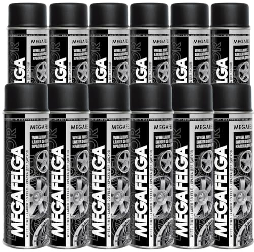 Deco Color 12er Sparpack MEGAFELGA 500ml - Felgenlack - Lackspray für Alufelgen und Stahlfelgen (12 Dosen 500ml Felgenlack Schwarz Matt)