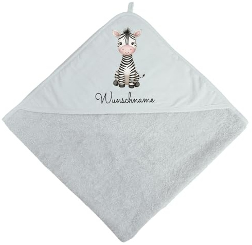 Elefantasie Baby Kapuzenhandtuch personalisiert mit Motiv Dschungel und Name 75 x 75 cm Baumwolle Frottee Saugfähig (Grau)