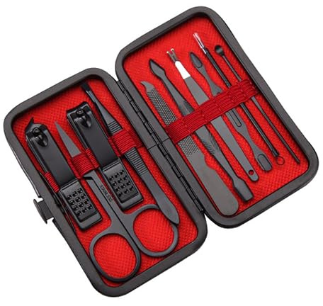 Laphontab manikyrset, 10 delar, nagelklippare, pedikyr-set, nagelvårdsset, manikyrverktyg, gåva till män, kvinnor, vänner och föräldrar (svart och röd) (10,8 x 6,8 x 1,3)