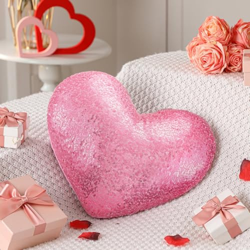 Yookeer Glitter Sequins Heart Shaped Pillow 14'' x 12'' Valentine's Day Decorative Sparkling Throw Pillows Solid Soft Shiny Cushion for Women Valentine Wedding Anniversary Bed Couch Decor(Pink)