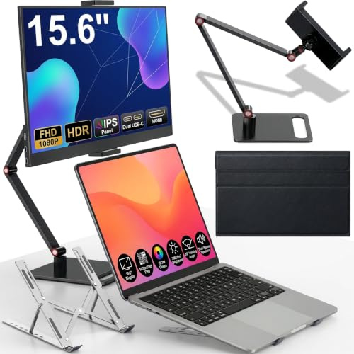 HONGO 15.6Inch Portable Monitor 1080P FHD Laptop Screen Extender USB-C HDMI | Portable Laptop Screen,Portable Monitor with Stand, Portable Screen for laptop for PC phone PS4 PS5 Xbox, plug and play