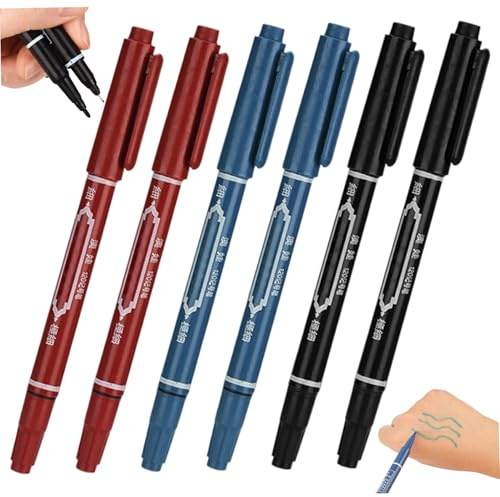 6 pennarelli per tatuaggi per pelle 5.4 Penna all'henné a doppia testa con punta spessa e fine Pennarelli per pelle portatili per tatuaggi, penna all'henné rosso + nero + blu