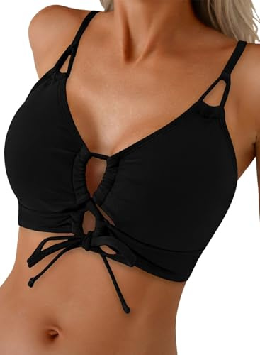 Herseas Women’s Black Bikini Top Lace Up Sexy Push Up Bathing Suit Tops Athletic Padded Cut Out Vintage Swimsuits Tops Only 2026 Summer Sports Bra Holiday Beach Wear Large