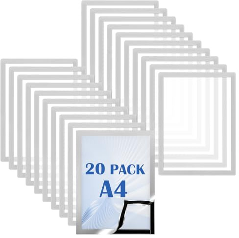 LDHHYH 20 Stück Magnetrahmen A4 Selbstklebend Silber, Magnetische Bilderrahmen A4 aus PVC, Doppelseitiger Info Rahmen für Dokumente, Hinweise, Büro, Schule, Tür und Fenster