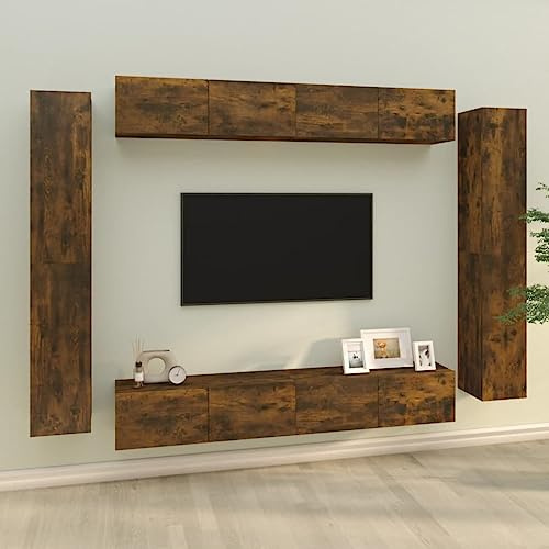 LoogCape 8-Piece TV Cabinet Set Smoked Oak Wood Material with 4 Lowboards 100 x 30 x 30 cm and 4 Sideboards 30.5 x 30 x 90 cm for Living Room Wall Mounting Space-Saving with Storage Space and Storage