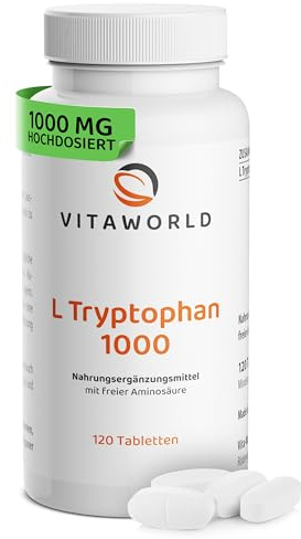 L-Tryptophan - L Tryptophan hochdosiert 1000mg je Tablette (120 vegane Tabletten) - Aminosäure aus pflanzlicher Fermentation - ohne unerwünschte Zusätze, glutenfrei und laktosefrei - vitaworld