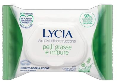 Lycia, Salviette Struccanti per Pelle Grassa e Impura, Eco Tessuto Doppia Azione Biodegradabile, Tecnologia Anti-Pollution per Rimuovere Tracce di Smog e di Inquinamento dalla Pelle, 20 pezzi