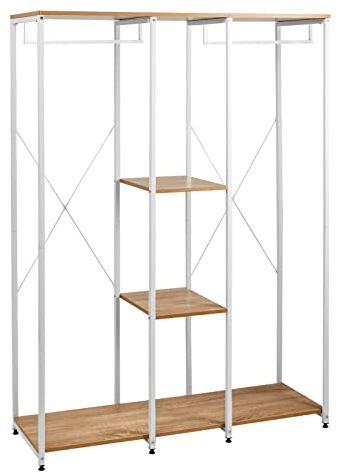 WOLTU XXXL Kleiderständer Freistehender mit Regal Wäscheständer Kleiderschrank Offener Kleiderstange mit Schuhregal für Schlafzimmer, Holz und Stahl, Weiß + Hell Eiche
