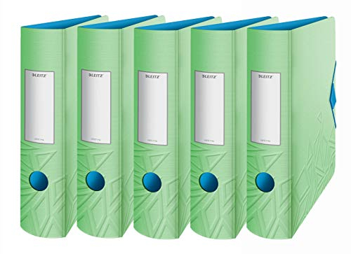 Leitz Qualitäts-Ordner 180° Active Urban Chic, A4, abgerundeter Rücken mit 82 cm Breite, Gummizugverschluss, leichter Polyfoam (grün, 5 Ordner/82 mm)