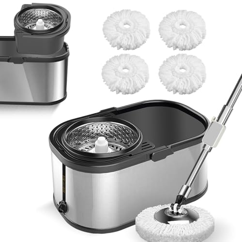 Sistema de Cubo de fregona de Ciclo Giratorio de Acero Inoxidable y Juego de fregona giratoria de 360° para Limpieza de Suelos con 6 Almohadillas de Repuesto de Microfibra, Mango Ajustable de Acero