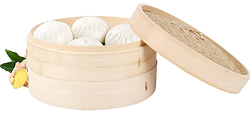 AIZYR Panier À Vapeur en Bambou Fait À La Main, Cuiseur À Vapeur Traditionnel en Bambou À 2 Niveaux avec Couvercle Vapeur pour Dumplings, Dim Sum, Rice