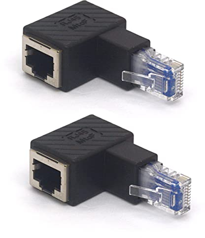 HTGuoji - Adattatore Ethernet RJ45 ad angolo, RJ45, 8P8C, 90 gradi, da maschio a femmina, Cat5e Cat6, connettore patch di rete, 2 pezzi (su)