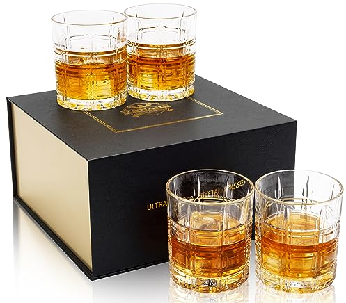 KANARS Bleifrei Kristall Whisky Gläser mit Luxusbox, 300 ml Whiskey Glas für Bourbon, Scotch, Likör und Cocktailgetränke, 4 Stück