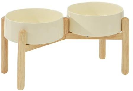 Havniva Raised Dog Bowls Ceramic Dog Bowls with Stand, Dog Food Bowl | 21 cm Elevated Dog Bowls with Non‑Slip Wood Stand, Dog Food and Water Bowl Set, Double Dog Feeding Bowls for Large Dogs