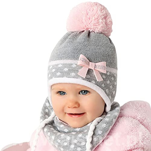 Smarilla Babymütze Wintermütze Mütze und Schal Winterset Mädchen Grösse 44-46, Größe: 44-46, Farbe: Grau-Rosa