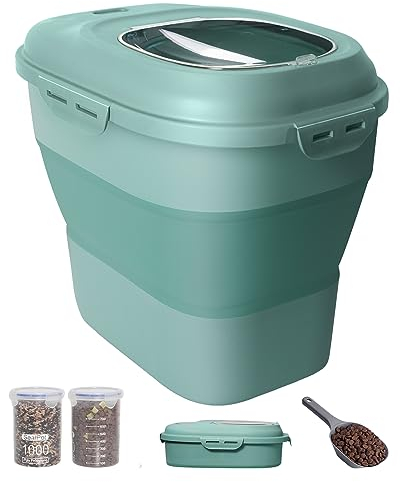 DDMOMMY 30-35 Lbs Dog Food Storage Container Collapsible Dog Food Container with Airtight Lids, Wheels, Scoop and 2pcs Food Storage Containers, Large Pet food storage for Dog, Cat (Green)