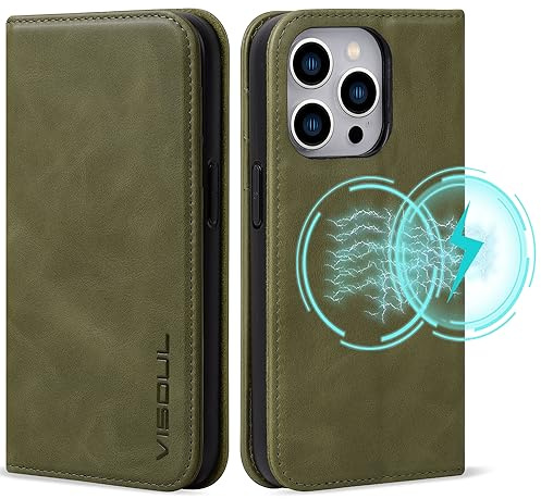 VISOUL Hülle für iPhone 15 Pro Max, Schutzhülle Echt Leder Schützt vor Stoß Kartenfach Magnetverschluss Stand klappbar handyhülle Handytasche Etui Case Grün