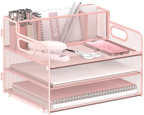 JMHUD Briefablage mit 3 Etagen, mit Stifthalter für den Schreibtisch, schwarzes Metallgeflecht, Schreibtisch-Aktenordner, Organizer mit Griff und Schiebeablage für Zuhause, Büro, Schulbedarf | Rosa Papier-Organizer mit 3 Papierablagen, einem Stifthalter und Griff für Papiere, Ordner, Post und Bürobedarf