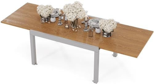 Devoko Ausziehbarer Gartentisch, Wetterfest Aluminium 130-260x80x75cm Outdoor Esstisch für 6-8 Personen mit Sonnenschutz, Leicht zu Reinigen, Original Holzfarbe