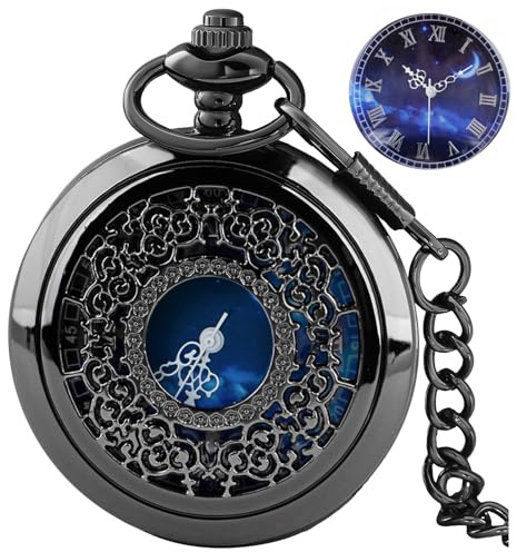 Tiong Orologio da Taschino con Design Stella Blu Cava, Numeri Romani, Quarzo con Catena, Regali di Natale e Compleanno per Uomo e Donna, 06-nero, Classico
