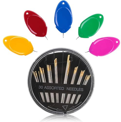 AFCJLTO 1pcs Nadeleinfädler für Handnähen, 5 Stück Kunststoff-Nadeleinfädlern + 30 Edelstahlnadeln in verschiedenen Größen, Einfädelwerkzeug zum Nähen, Basteln und DIY-Sticken