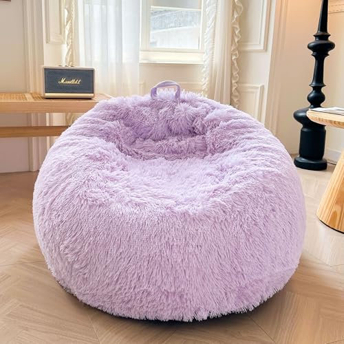 XeGe Faux Fur Comfy Bean Bag Cover for Living Room(No Filler), Fluffy Stuffed Animal Storage Bean Bag Chair Cover Light Purple, Furry Fuzzy Beanbag Cover for Adults Kids Girls, Anti-slip, Lavender