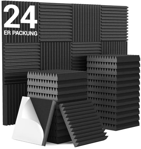 TONOR 24 Pack Akustikplatten, 30×30×5 cm Selbstklebende Acoustic Panel, 3D Pyramide Entworfene Schallkanäle zur Absorption von Echos, Schallschutz Schallabsorber für Studio und Haus, Schwarz