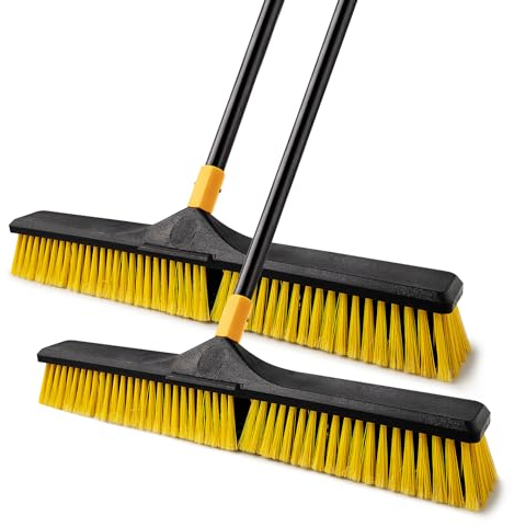 Yocada 24 inch Push Broom Brush Stiff Bristles Heavy-Duty Outdoor Commercial for Cleaning Bathroom Kitchen Patio Garage Deck Concrete Wood Stone Tile Floor 65.3inch Long Handle 2PCS