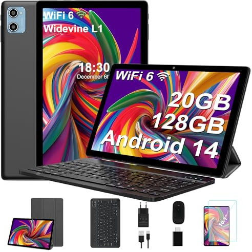 SUAAT Tablette 2025 Newest Tablet 10 Pulgadas Android 14, 20GB RAM+128GB ROM/1TB TF, 8-Core, Widevine L1/WiFi 6/Bluetooth 5.0/6000mAh/GMS Certified/8MP+5MP/Tablet PC Con Funda, Teclado y Ratón, Negro