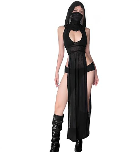 Trajes rave para mujer, vestido sexy negro con capucha con abertura alta, corte transparente, vestido de festival, estilo gótico, sin mangas, ajustado a la piel, para fiesta, calle, salida nocturna,
