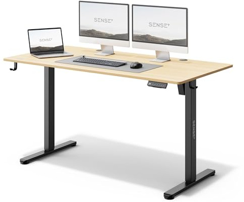 SENSE7 Scrivania Elettrica Regolabile in Altezza NOJO, Standing Desk 140x70, Tavolo PC con Memoria, Scrivania con Vassoio per Cavi, Tavolo da Gaming con Gancio, Regolazione Silenziosa, Black-Pine