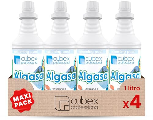 Cubex Professional Algasan 1 LT x 4 - Trattamento Igienizzante per Piscine e Spa, Effetto Schiarente e Azzurrante, Non Schiumogeno - Antialghe per Piscina
