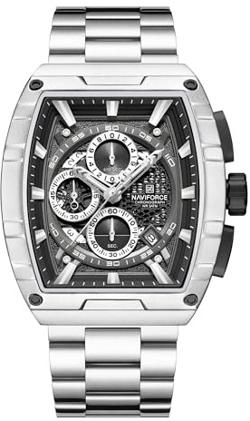 Naviforce Montre de Sport de Plein air pour Homme - Style décontracté - Montre à Quartz Tendance - Bracelet en Acier Inoxydable, Noir (Silver)