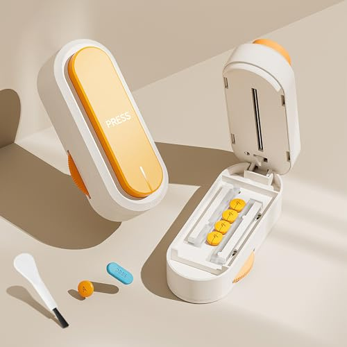 Quuylin Taglia pastiglie, Taglia pillole di precisione, Tagliapillole con scomparto portaoggetti e spazzola, per compresse piccole e grandi, per Uso Quotidiano, Giallo